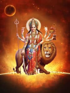 Shakti the hindu goddess astride a lion