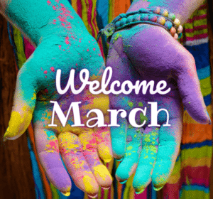 two colourful hands holding the words March into march